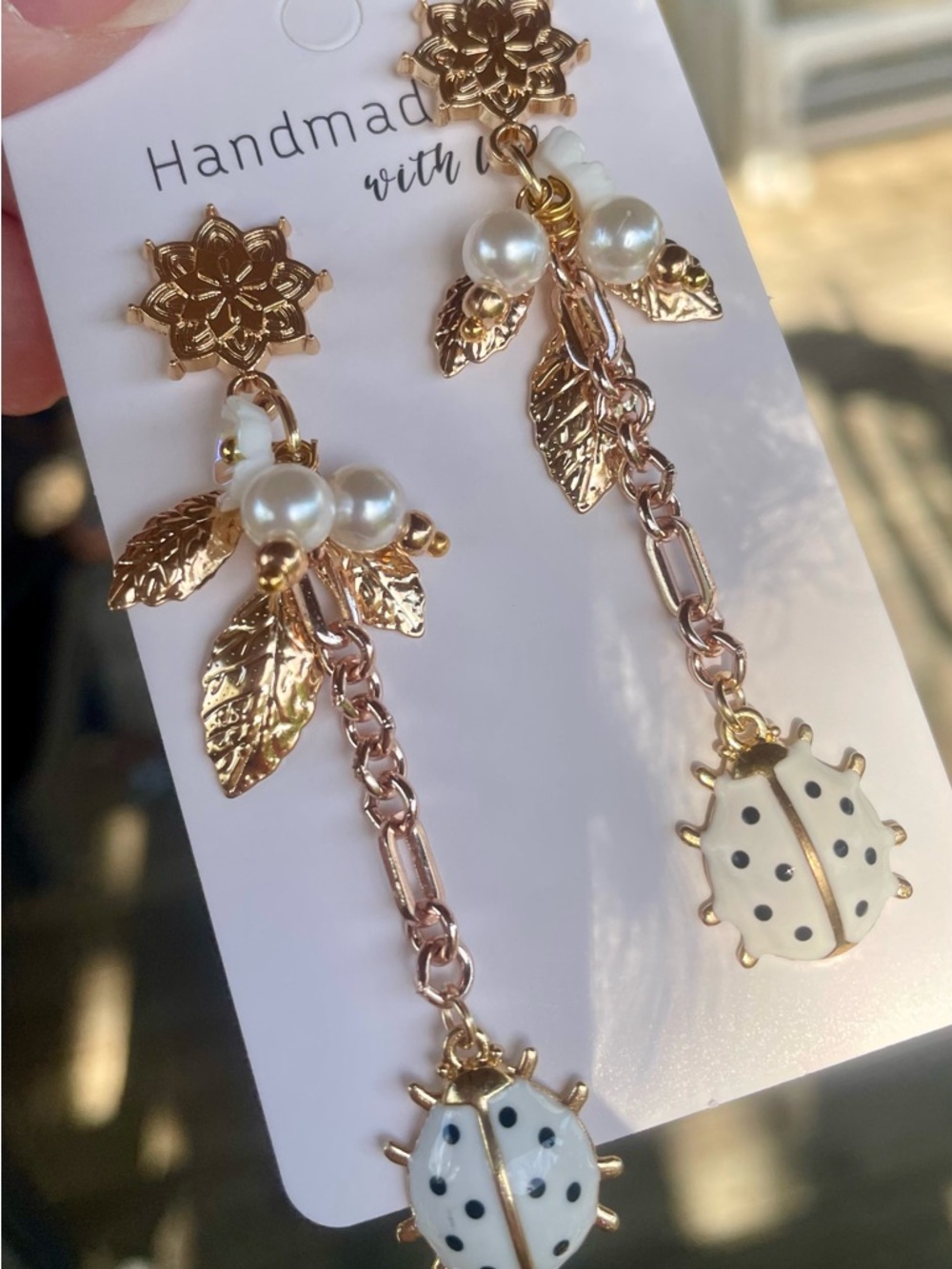 Gold Floral Pearl Drop Earrings with White Polka Dot Ladybug - Picture 11 of 11